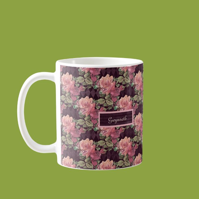 Pfirsich Blume und Schmetterling auf Lila Harlequi Kaffeetasse (Von Creator hochgeladen)
