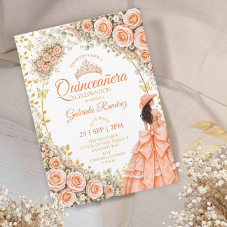 Pfirsich Blumen Rosen Goldener Schmetterling Quinc Einladung