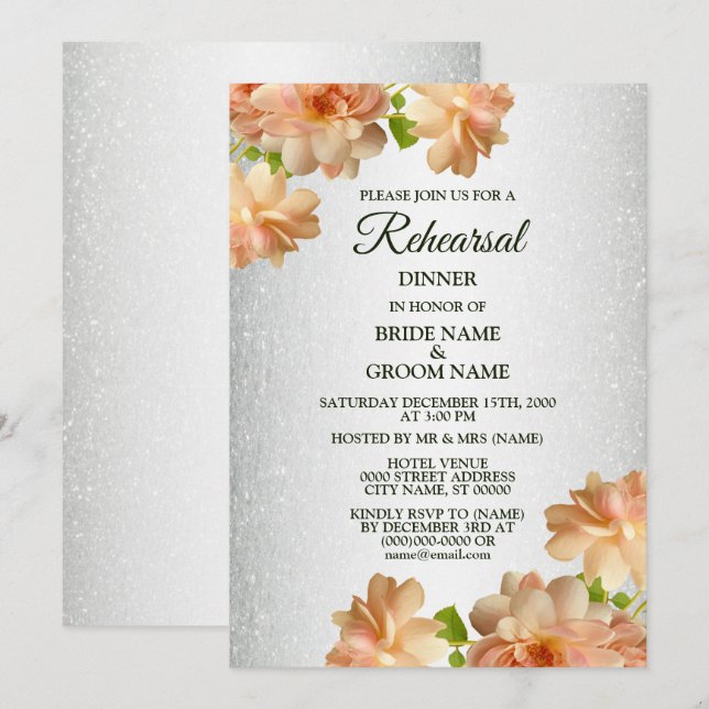 Pfirsich Blumen Silber Glitter Probeessen Einladung (Vorne/Hinten)