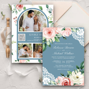 Pfirsich Blumen Spitze Staubblau QR Code Hochzeit Einladung