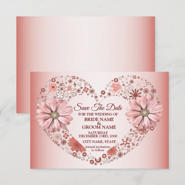 Pfirsich-Blumenherz Modern Save The Date (Vorne/Hinten)