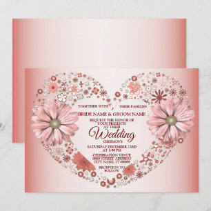 Pfirsich-Blumenherz Moderne Hochzeit Einladung