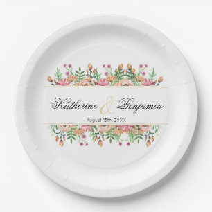Pfirsich-Blumenhochzeit mit Namen Pappteller