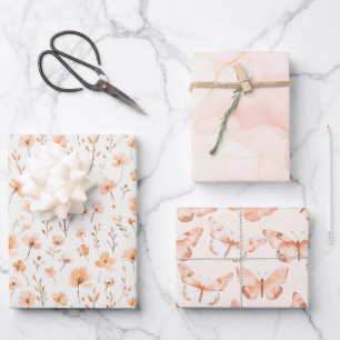 Pfirsich-Blüten-Schmetterlinge Geburtstag Geschenkpapier Set