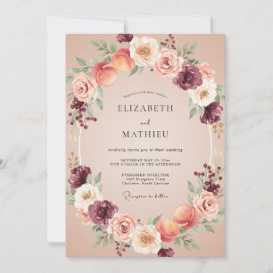 Pfirsich-Burgunder-Blumenromanze-Hochzeit Einladung