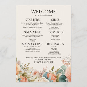 Pfirsich-Creme-Aquarell-Blumen-Hochzeitsmenü Menükarte