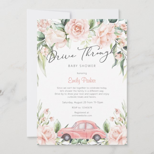 Pfirsich Drive Through Watercolor Floral Baby Shoo Einladung (Vorderseite)