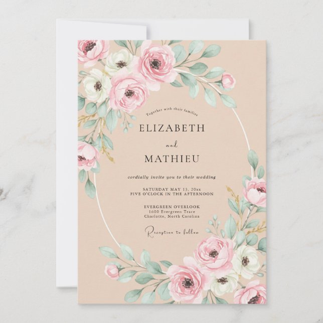 Pfirsich Exquisite Botanische Hochzeit Einladung (Vorderseite)