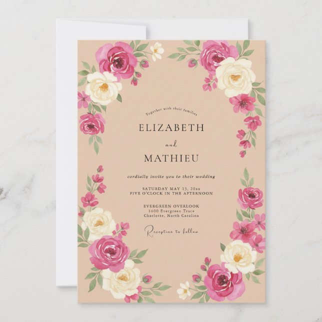 Pfirsich Exquisite Florale Hochzeit Einladung (Vorderseite)