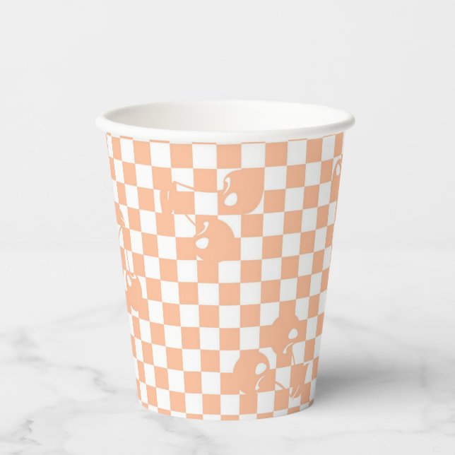 Pfirsich Flausch Kirsch Gingham-Muster Pappbecher (Vorderseite)