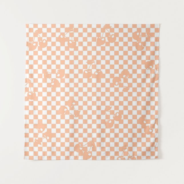Pfirsich Flausch Kirsch Gingham-Muster Wandteppich (Vorderseite)