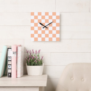 Pfirsich Fuzz Kariertes Gingham-Muster Quadratische Wanduhr