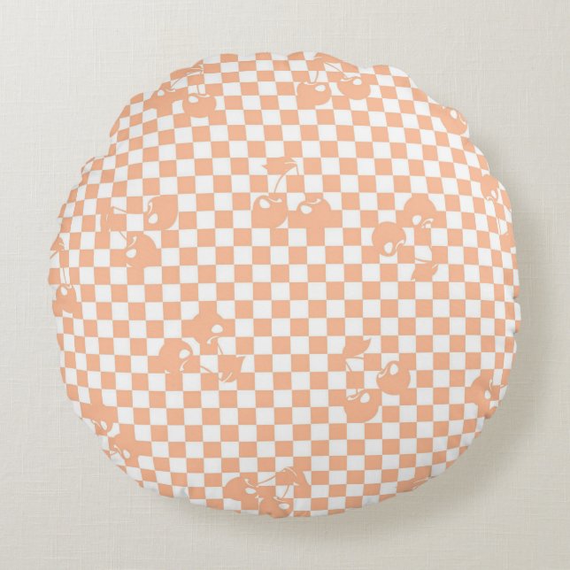 Pfirsich-Fuzz-Kirsch-Gingham-Muster Rundes Kissen (Vorderseite)