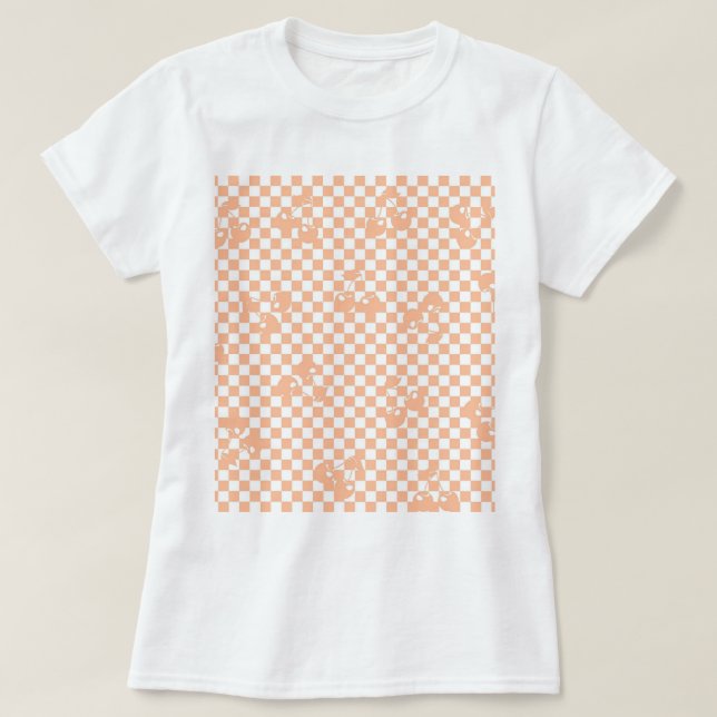 Pfirsich-Fuzz-Kirsch-Gingham-Muster T-Shirt (Design vorne)