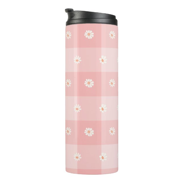 Pfirsich-Gänseblümchen-Karo Thermosbecher (Nach rechts gedreht)