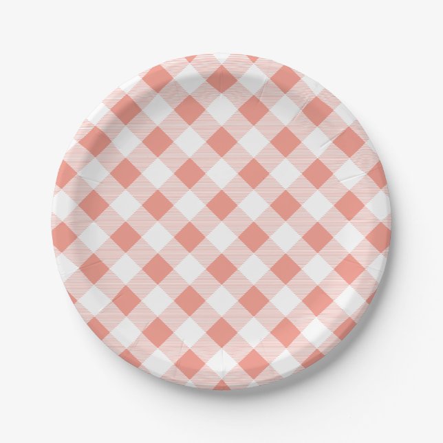Pfirsich-Gingham-Muster, Picknick, GRILLEN Pappteller (Vorderseite)