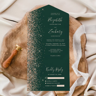 Pfirsich Glitter Smaragdgrüne Hochzeit All In One Einladung