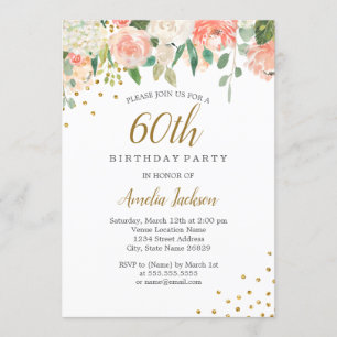 Pfirsich-Gold-Aquarell-Blumen 60. Geburtstagsfeier Einladung