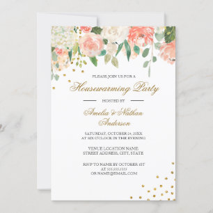 Pfirsich-Gold-Aquarell-Blumen-Haus-Einweihung Einladung