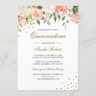 Pfirsich Gold Aquarell Blumen Quinceanera Einladung