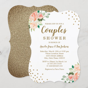 Pfirsich-Gold-Blumen-Konfetti-Hochzeit-Paar-Party Einladung