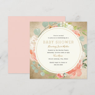 Pfirsich-Gold-Funkel-Kranz-Blumen-Baby-Party Einladung