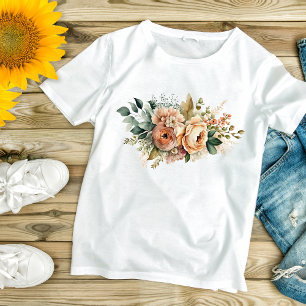 Pfirsich Grün Botanisches Wasserfarben Florales Bo T-Shirt