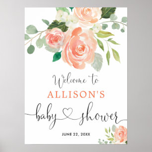 Pfirsich Grün Floral Baby Shower Willkommensschild Poster