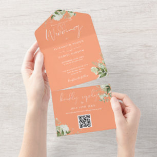 Pfirsich Grünpflanzen Blumen QR-Code Monogramm Hoc All In One Einladung