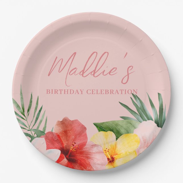 Pfirsich Hawaiian Floral Geburtstag Pappteller (Vorderseite)