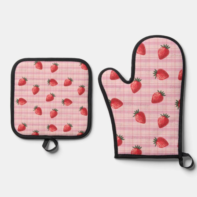 Pfirsich Himbeer Gingham Ofenhandschuh & Topflappen-Set (Vorderseite)