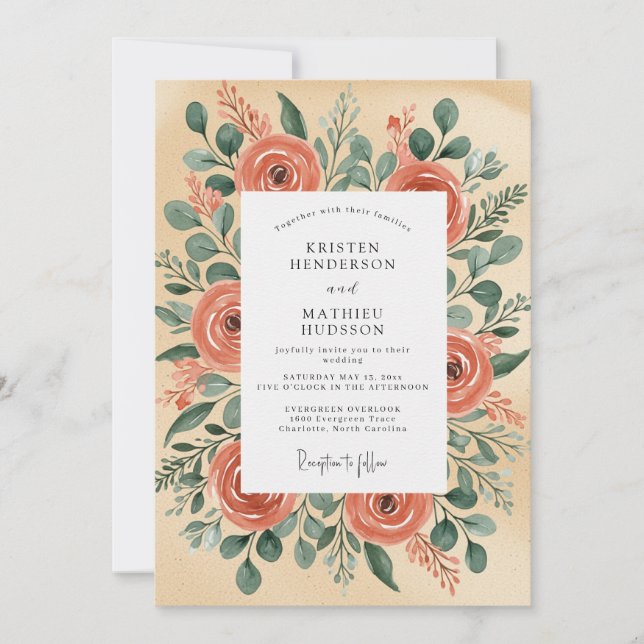 Pfirsich-Illustrative-Rustikale-Hochzeit Einladung (Vorderseite)