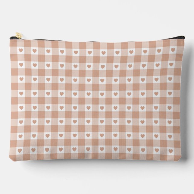 Pfirsich-Kariert-Herz-Gingham-Retro-Farbe Zubehörtasche (Vorderseite)