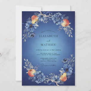 Pfirsich-Kobalt-Frucht-Eukalyptus-Hochzeit Einladung