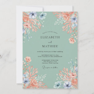 Pfirsich-Korallen-Botanische-Romantik-Hochzeit Einladung
