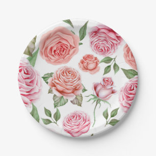 Pfirsich Korallen Rosa Rosen Grünzeug Blätter Shab Pappteller