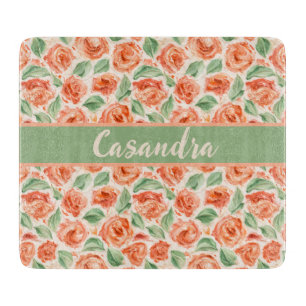 Pfirsich Korallenrose Florales Monogramm Name Küch Schneidebrett