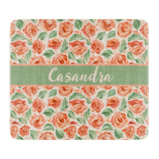 Pfirsich Korallenrose Florales Monogramm Name Küch Schneidebrett