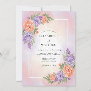 Pfirsich-Lavendel-Blüten-Romanze Hochzeit Einladung
