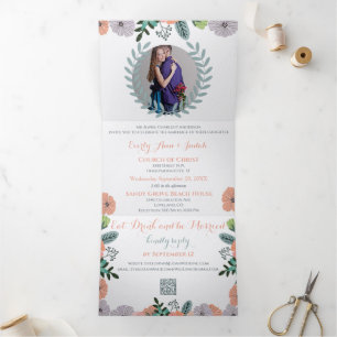 Pfirsich Lavendel Liebe Mintgrüne Florale Hochzeit Dreifach Gefaltete Einladung