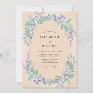 Pfirsich-lila botanische Aquarell-Hochzeit Einladung