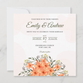 Pfirsich-Lilien-Aquarell-Blumen-Hochzeit im Quadra Einladung