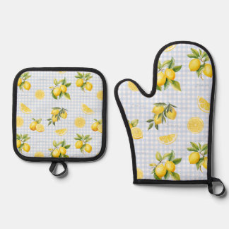Pfirsich-Limonen-Gingham Ofenhandschuh & Topflappen-Set
