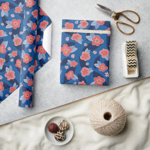 Pfirsich Marineblau florale Geburtstag Geschenkpapier
