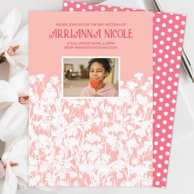 Pfirsich, Mauve Pink, Weiße Wilde Blume Bat Mitzva Einladung (peach pink white wild flowers meadow spring springtime bat mitzvah invitations pink polka dots)