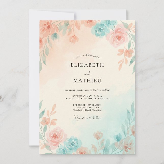 Pfirsich-Minze-Blatt-Hochzeit Einladung (Vorderseite)