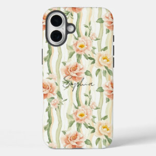 Pfirsich Minze Rosen Florale Streifen iPhone 16 Plus Hülle