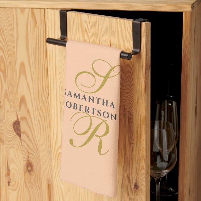 Pfirsich-Monogramm Gold-Grau Name Minimalistisch S Geschirrtuch (Drittel gefaltet)