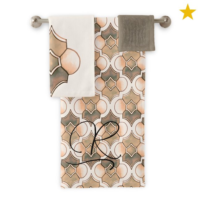 Pfirsich-Monogramm-Wasserfarb-Geometrisches Muster Badhandtuch Set (Von Creator hochgeladen)