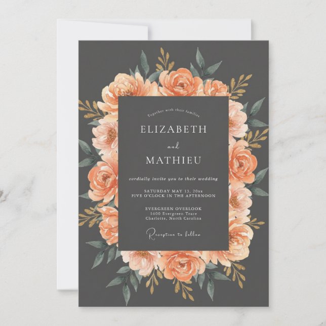 Pfirsich Opulente Florale Hochzeit Einladung (Vorderseite)